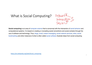 What is Social Computing?
2
https://en.wikipedia.org/wiki/Social_computing
 