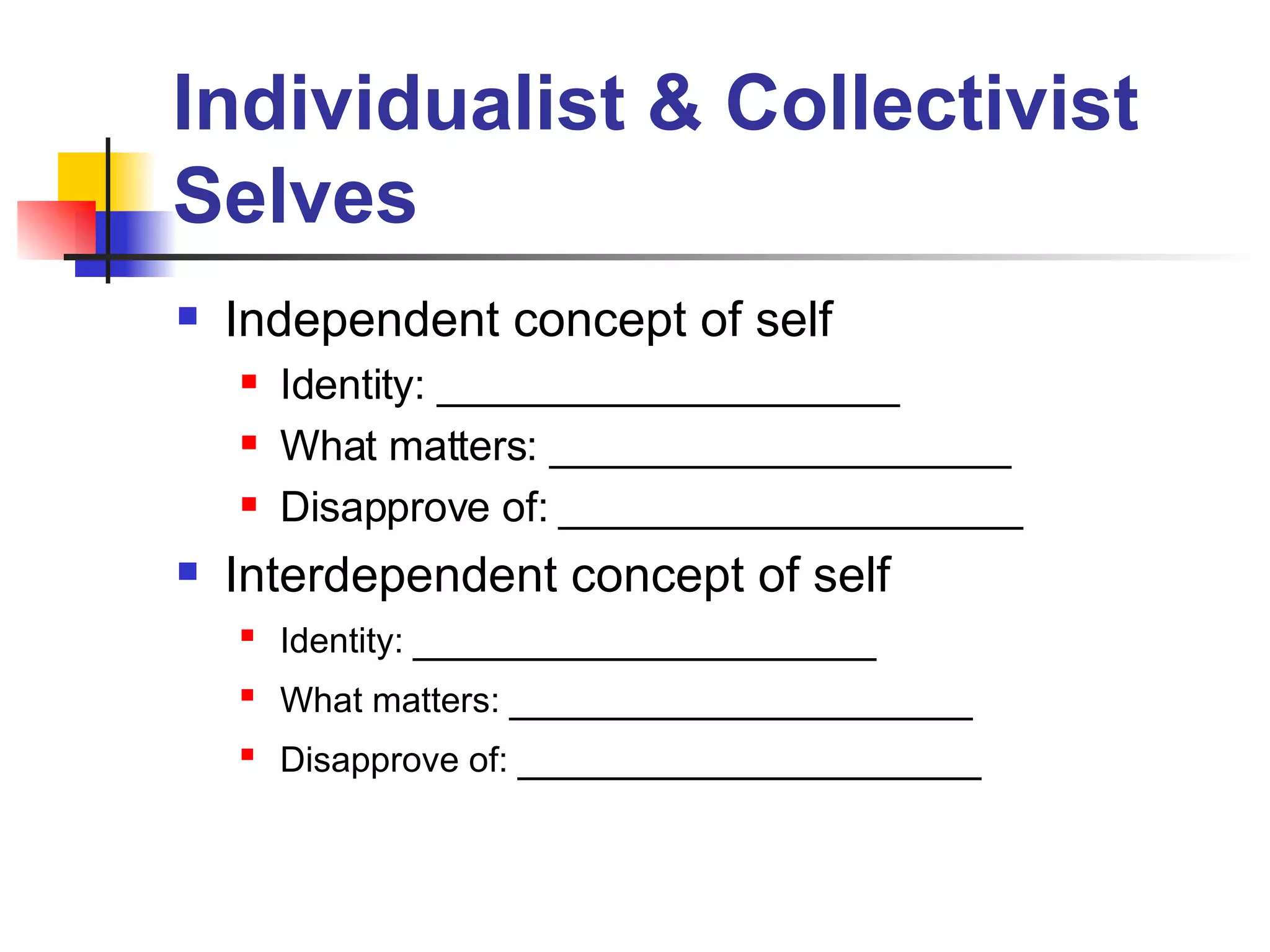 Individualist & Collectivist Selves Independent concept of self Identity: ____________________ What matters: ____________________ Disapprove of: ____________________ Interdependent concept of self Identity:  ____________________   What matters:  ____________________   Disapprove of:  ____________________   