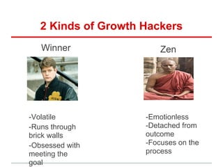 2 Kinds of Growth Hackers
   Winner                Zen




-Volatile            -Emotionless
-Runs through        -Detached from
brick walls          outcome
-Obsessed with       -Focuses on the
meeting the          process
goal
 