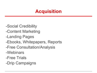 Acquisition

-Social Credibility
-Content Marketing
-Landing Pages
-Ebooks, Whitepapers, Reports
-Free Consultation/Analysis
-Webinars
-Free Trials
-Drip Campaigns
 