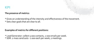 13
KPI
The presence of metrics:
* Gives an understanding of the intensity and effectiveness of the movement.
* Sets clear goals that are clear to all.
Examples of metrics for different positions:
* Lead Generator: collect 5 000 contacts, 2 000 emails per week.
* SDR: 2 mass send outs - 1 000 each per week; 2 meetings.
 
