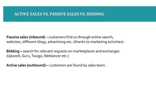 3
ACTIVE SALES VS. PASSIVE SALES VS. BIDDING
Passive sales (inbound) – customers find us through online search,
websites, different blogs, advertising etc. (thanks to marketing activities).
Bidding – search for relevant requests on marketplaces and exchanges
(Upwork, Guru,Twago, Weblancer etc.)
Active sales (outbound) – customers are found by sales team.
 