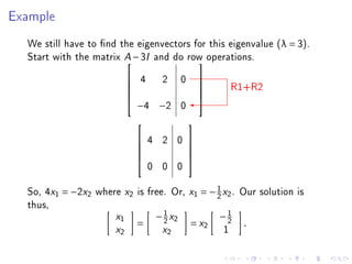 Example
  We still have to nd the eigenvectors for this eigenvalue (λ = 3).
  Start with the matrix A − 3I and do row operations.
                                        
                            4  2 0
                                                             R1+R2
                                                    
                                                   
                                                   
                             −4 −2 0
                                                   

                                              
                                 4 2 0 
                                       
                                       
                                    0 0 0
                                       


  So, 4x1 = −2x2 where     x2   is free. Or,   x1   = − 1 x2 . Our solution is
                                                        2
  thus,
                      x1             − 1 x2
                                       2                −1
                                                         2
                                =              = x2            .
                      x2              x2                 1
 