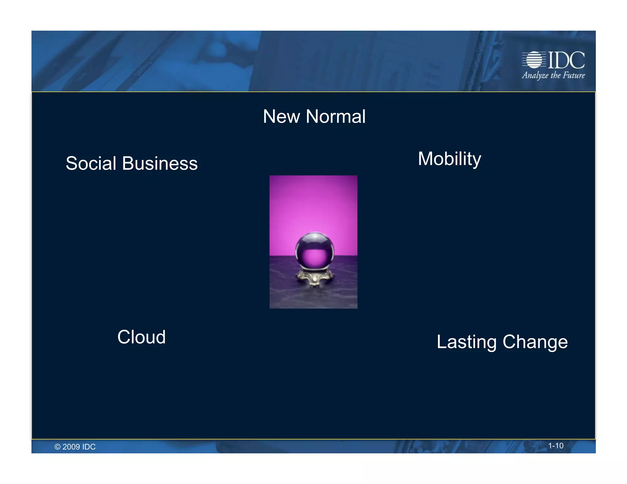 New Normal

  Social Business                 Mobility




             Cloud                  Lasting Change




© 2009 IDC                                     1-10
 