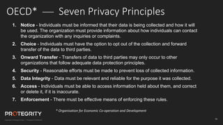 18
OECD* — Seven Privacy Principles
1. Notice - Individuals must be informed that their data is being collected and how it will
be used. The organization must provide information about how individuals can contact
the organization with any inquiries or complaints.
2. Choice - Individuals must have the option to opt out of the collection and forward
transfer of the data to third parties.
3. Onward Transfer - Transfers of data to third parties may only occur to other
organizations that follow adequate data protection principles.
4. Security - Reasonable efforts must be made to prevent loss of collected information.
5. Data Integrity - Data must be relevant and reliable for the purpose it was collected.
6. Access - Individuals must be able to access information held about them, and correct
or delete it, if it is inaccurate.
7. Enforcement - There must be effective means of enforcing these rules.
* Organisation for Economic Co-operation and Development
 