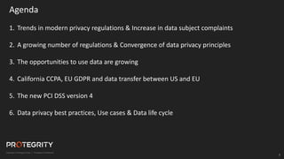 3
Agenda
1. Trends in modern privacy regulations & Increase in data subject complaints
2. A growing number of regulations & Convergence of data privacy principles
3. The opportunities to use data are growing
4. California CCPA, EU GDPR and data transfer between US and EU
5. The new PCI DSS version 4
6. Data privacy best practices, Use cases & Data life cycle
 