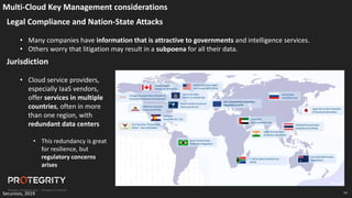 54
Legal Compliance and Nation-State Attacks
• Many companies have information that is attractive to governments and intelligence services.
• Others worry that litigation may result in a subpoena for all their data.
Securosis, 2019
Multi-Cloud Key Management considerations
Jurisdiction
• Cloud service providers,
especially IaaS vendors,
offer services in multiple
countries, often in more
than one region, with
redundant data centers
• This redundancy is great
for resilience, but
regulatory concerns
arises
SecuPi
 