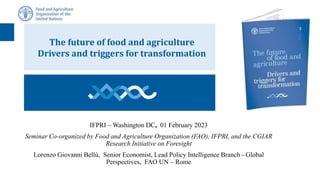 IFPRI – Washington DC, 01 February 2023
Seminar Co-organized by Food and Agriculture Organization (FAO), IFPRI, and the CGIAR
Research Initiative on Foresight
Lorenzo Giovanni Bellù, Senior Economist, Lead Policy Intelligence Branch - Global
Perspectives, FAO UN – Rome
The future of food and agriculture
Drivers and triggers for transformation
 