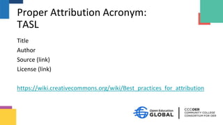 Proper Attribution Acronym:
TASL
Title
Author
Source (link)
License (link)
https://wiki.creativecommons.org/wiki/Best_practices_for_attribution
 
