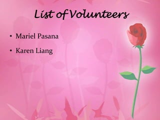 List of Volunteers

• Mariel Pasana

• Karen Liang
 