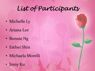List of Participants

• Michelle Ly

• Ariana Lee

• Bonnie Ng

• Esther Shin

• Michaela Morelli

• Jinny Ku
 