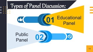 01
Types of Panel Discussion:
Educational
Panel
Public
Panel 02
11
 