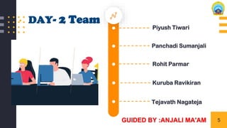 ▪ DAY- 2 Team
Tejavath Nagateja
Panchadi Sumanjali
Rohit Parmar
Kuruba Ravikiran
Piyush Tiwari
5
GUIDED BY :ANJALI MA'AM
 