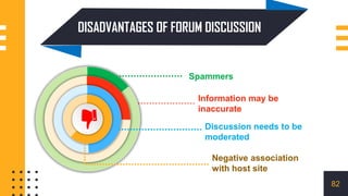 Discussion needs to be
moderated
Spammers
Information may be
inaccurate
Discussion needs to be
moderated
Negative association
with host site
Spammers
Information may be
inaccurate
DISADVANTAGES OF FORUM DISCUSSION
82
 