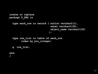 create or replace
package T_PKG is
type each_row is record ( action varchar2(1),
owner varchar2(30),
object_name varchar2(30)
);

type row_list is table of each_row
index by pls_integer;
g

row_list;

end;
/

214

257

 