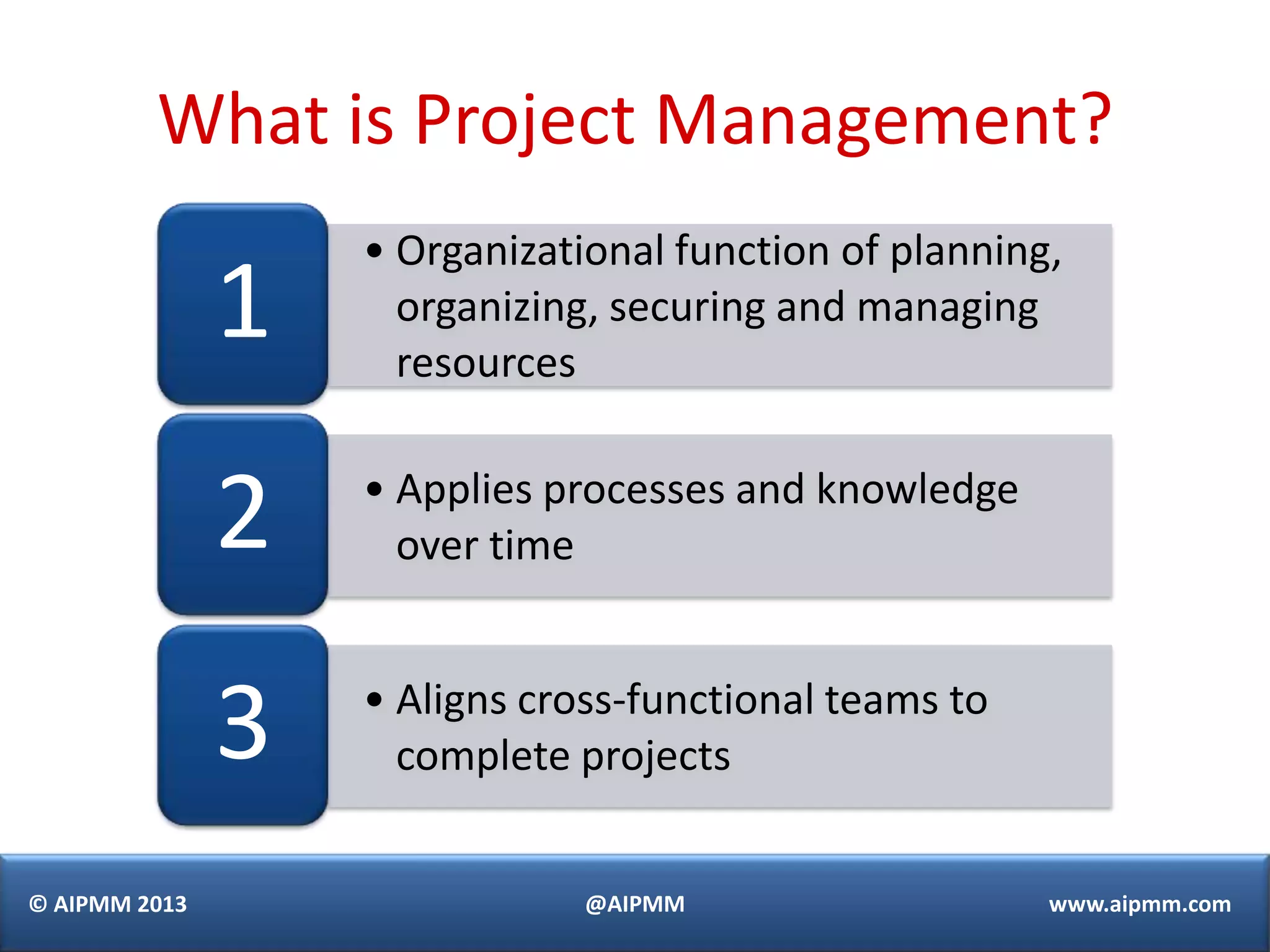 What is Project Management?
                   • Organizational function of planning,
               1     organizing, securing and managing
                     resources


               2   • Applies processes and knowledge
                     over time



               3   • Aligns cross-functional teams to
                     complete projects


© AIPMM 2013                   @AIPMM                   www.aipmm.com
 