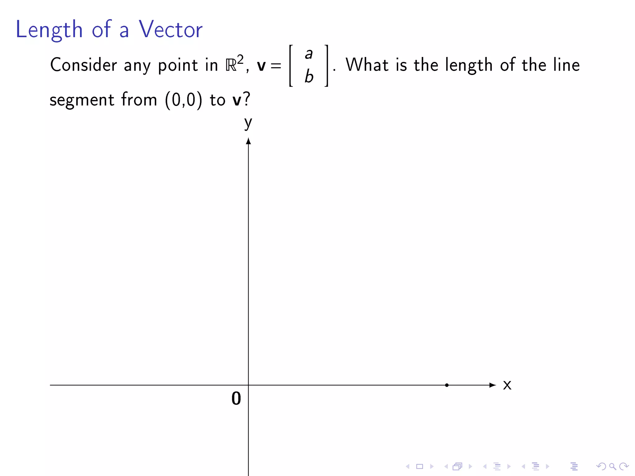 Length of a Vector
                                      a
   Consider any point in   R2 , v =       . What is the length of the line
                                      b
   segment from (0,0) to   v?
                               y




                                                                x
                           0
 