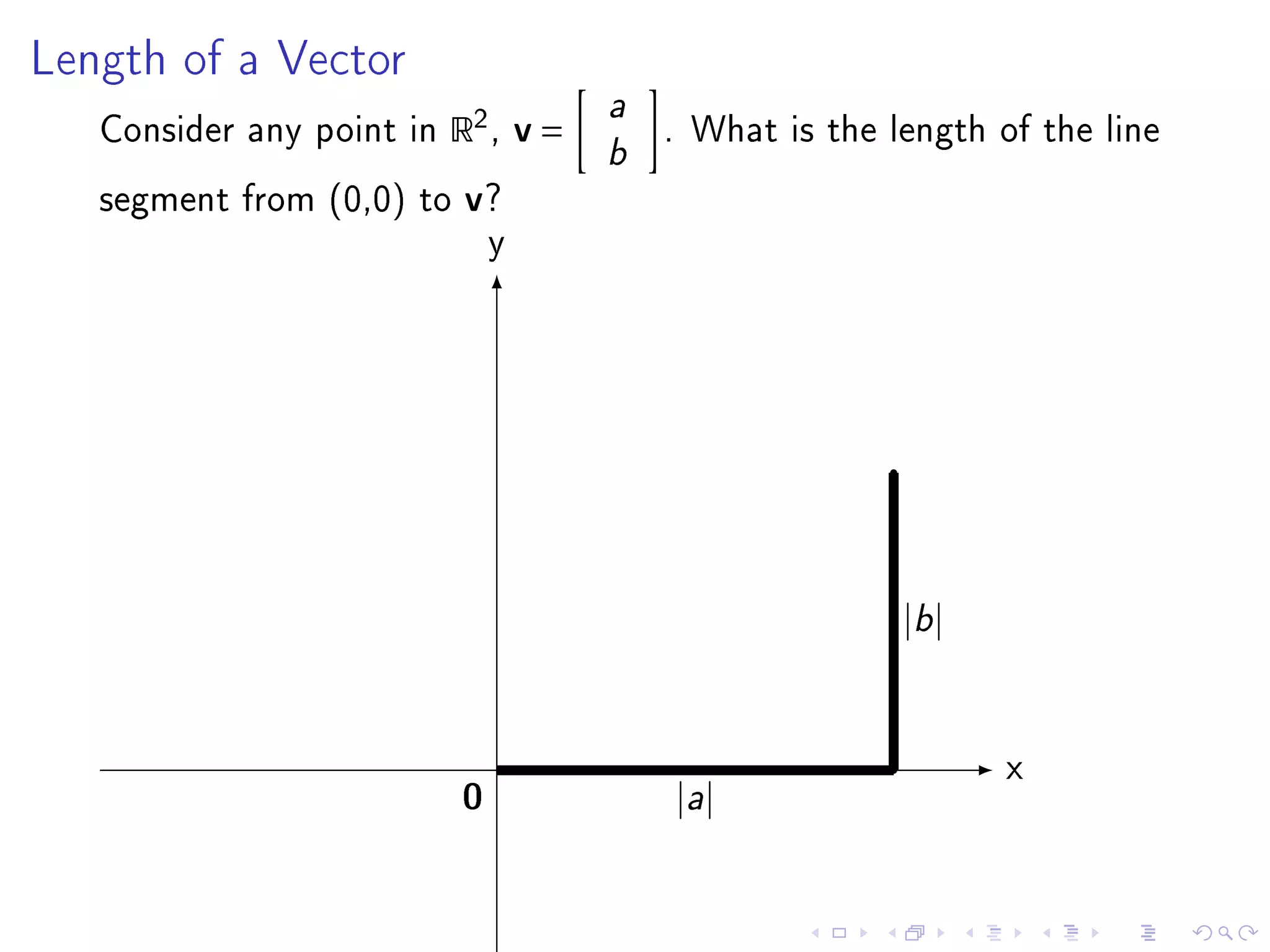 Length of a Vector
                                      a
   Consider any point in   R2 , v =       . What is the length of the line
                                      b
   segment from (0,0) to   v?
                               y




                                                         |b |




                                                                x
                           0              |a |
 