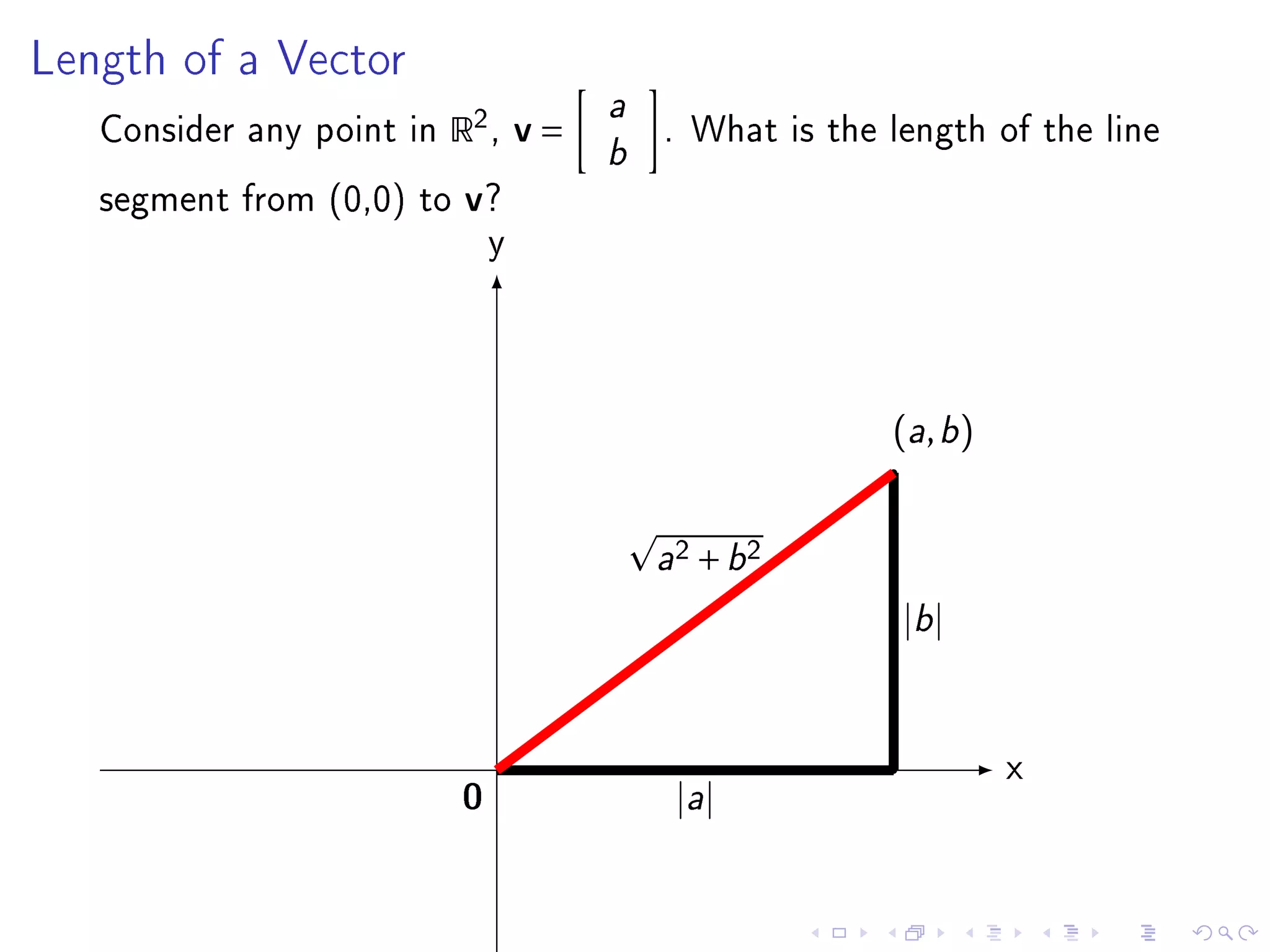 Length of a Vector
                                      a
   Consider any point in   R2 , v =       . What is the length of the line
                                      b
   segment from (0,0) to   v?
                               y




                                                        (a, b)


                                          a2 + b 2

                                                         |b |




                                                                 x
                           0               |a |
 