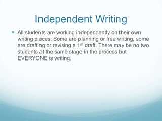 Quick Checks
 Circulate around the room. Important to be moving around!
 “How is it going?” or “Tell me about what you are working
on”.

 Take some quick notes and move on.
 You can easily get to 10-12 students spending 45 seconds
to a minute with each.

 Keeps them on task and gives you lots of information about
how they are doing. Use this information to plan one on one
conferencing (if a student is really having difficulty with a
conclusion, a one on one conference may be needed).

 