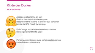 15
Kit de dev Docker
V0: Conclusion
○ Accès à la plateforme en ssh
○ Gestion des container via compose
○ Résolution DNS interne et externe aux container
○ Accès via URL “local” dynamique
○ Pull d’image sporadique via docker-compose
○ Disque persistent limité: 20go
○ Performance médiocre avec certaines plateformes
○ Instabilité des data-volume
 
