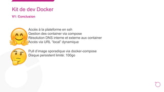 20
Kit de dev Docker
V1: Conclusion
○ Accès à la plateforme en ssh
○ Gestion des container via compose
○ Résolution DNS interne et externe aux container
○ Accès via URL “local” dynamique
○ Pull d’image sporadique via docker-compose
○ Disque persistent limité: 100go
 