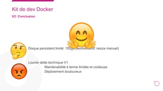 26
Kit de dev Docker
V2: Conclusion
○
Disque persistent limité: 100go (workaround: resize manuel)
Lourde dette technique V1
Maintenabilité à terme limitée et coûteuse
Déploiement douloureux
 