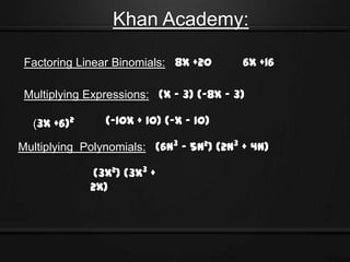 Khan Academy:

 Factoring Linear Binomials: 8x +20       6x +16

 Multiplying Expressions: (x - 3) (-8x - 3)

  (3x +6)2      (-10x + 10) (-x - 10)

Multiplying Polynomials: (6n3 - 5n2) (2n3 + 4n)

              (3x2) (3x3 +
             2x)
 