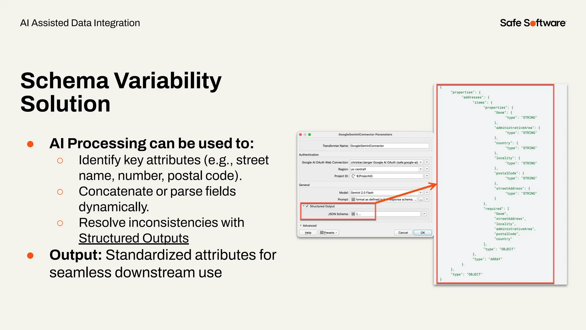 Schema Variability
Solution
● AI Processing can be used to:
○ Identify key attributes (e.g., street
name, number, postal code).
○ Concatenate or parse ﬁelds
dynamically.
○ Resolve inconsistencies with
Structured Outputs
● Output: Standardized attributes for
seamless downstream use
AI Assisted Data Integration
 