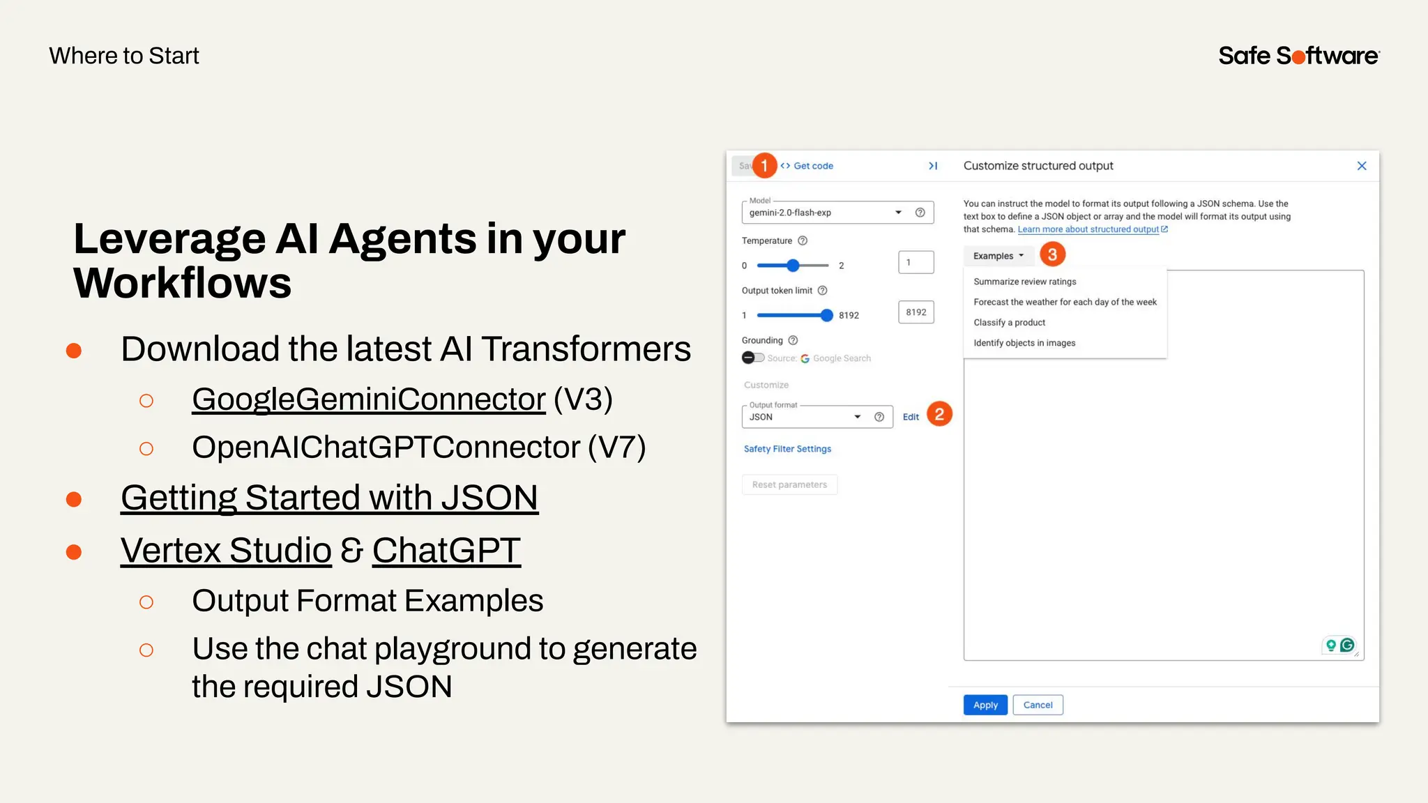 ● Download the latest AI Transformers
○ GoogleGeminiConnector (V3)
○ OpenAIChatGPTConnector (V7)
● Getting Started with JSON
● Vertex Studio & ChatGPT
○ Output Format Examples
○ Use the chat playground to generate
the required JSON
Leverage AI Agents in your
Workﬂows
Where to Start
 
