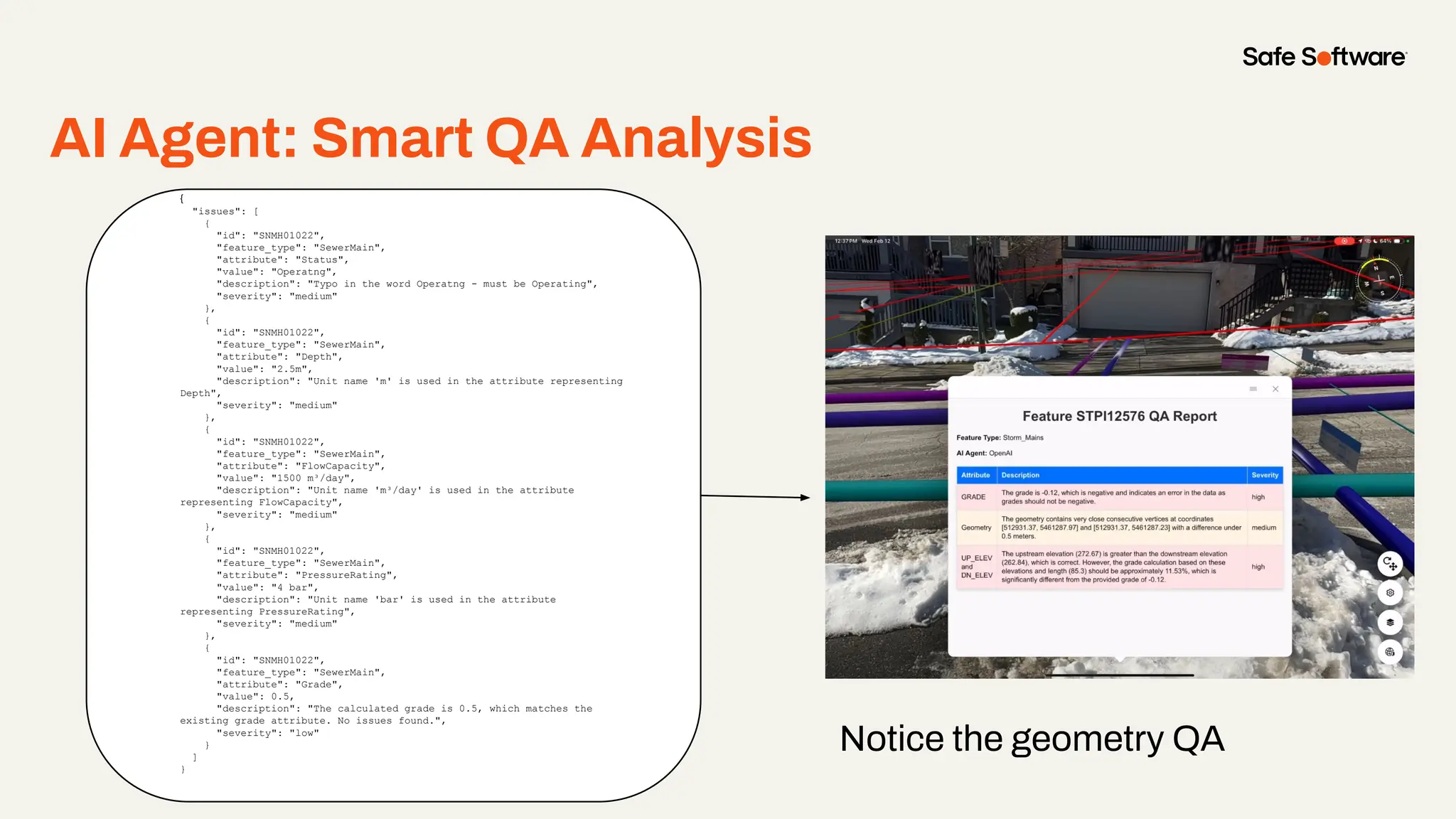 AI Agent: Smart QA Analysis
{
"issues": [
{
"id": "SNMH01022",
"feature_type": "SewerMain",
"attribute": "Status",
"value": "Operatng",
"description": "Typo in the word Operatng - must be Operating",
"severity": "medium"
},
{
"id": "SNMH01022",
"feature_type": "SewerMain",
"attribute": "Depth",
"value": "2.5m",
"description": "Unit name 'm' is used in the attribute representing
Depth",
"severity": "medium"
},
{
"id": "SNMH01022",
"feature_type": "SewerMain",
"attribute": "FlowCapacity",
"value": "1500 m³/day",
"description": "Unit name 'm³/day' is used in the attribute
representing FlowCapacity",
"severity": "medium"
},
{
"id": "SNMH01022",
"feature_type": "SewerMain",
"attribute": "PressureRating",
"value": "4 bar",
"description": "Unit name 'bar' is used in the attribute
representing PressureRating",
"severity": "medium"
},
{
"id": "SNMH01022",
"feature_type": "SewerMain",
"attribute": "Grade",
"value": 0.5,
"description": "The calculated grade is 0.5, which matches the
existing grade attribute. No issues found.",
"severity": "low"
}
]
}
Notice the geometry QA
 