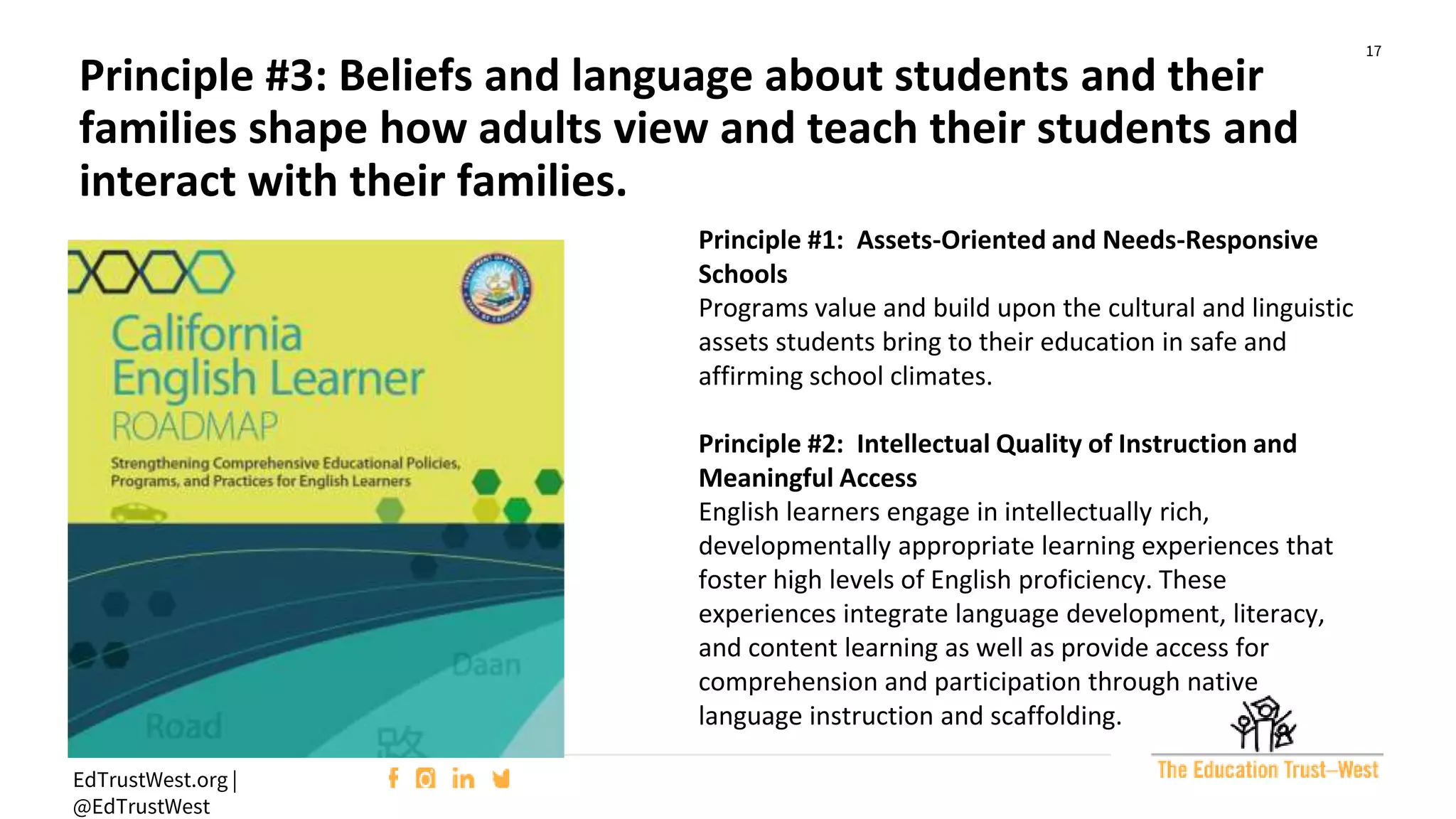 17
EdTrustWest.org |
@EdTrustWest
Principle #3: Beliefs and language about students and their
families shape how adults view and teach their students and
interact with their families.
Principle #1: Assets-Oriented and Needs-Responsive
Schools
Programs value and build upon the cultural and linguistic
assets students bring to their education in safe and
affirming school climates.
Principle #2: Intellectual Quality of Instruction and
Meaningful Access
English learners engage in intellectually rich,
developmentally appropriate learning experiences that
foster high levels of English proficiency. These
experiences integrate language development, literacy,
and content learning as well as provide access for
comprehension and participation through native
language instruction and scaffolding.
 
