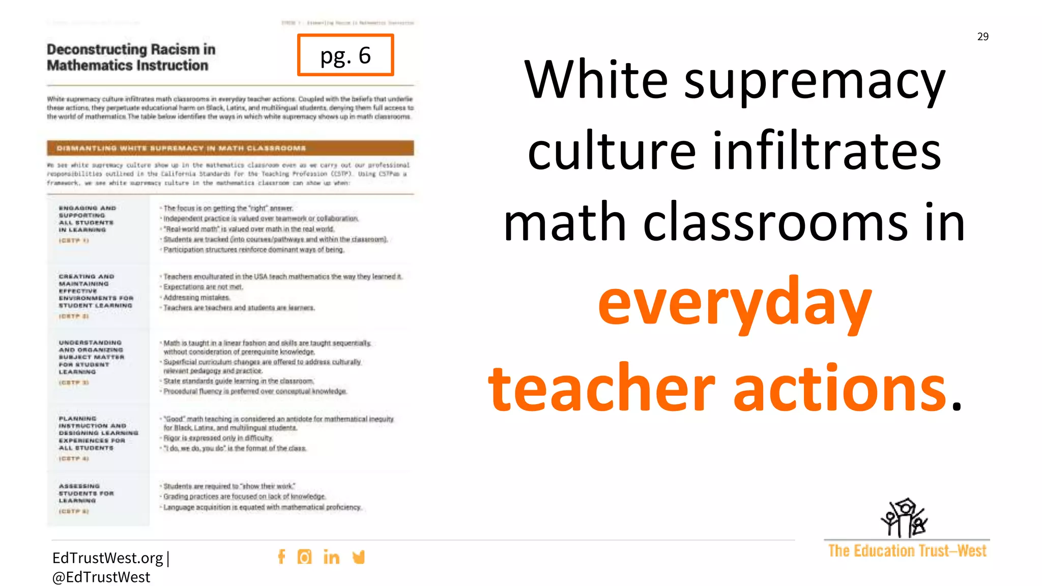 29
EdTrustWest.org |
@EdTrustWest
White supremacy
culture infiltrates
math classrooms in
everyday
teacher actions.
pg. 6
 