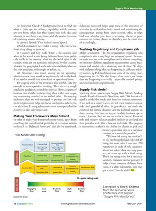 Supply Risk Monitoring




    iii) Reference Check: A background check to find out         Balanced Scorecard helps keep track of the execution of
what is their specific delivery capability, which country        activities by staff within their control and monitoring the
are they from, what does their client base look like, and        consequences arising from these actions. Also, it helps
whether or not there is any issue with the vendor in terms       find out whether you have a recurring theme of poor
of regulatory service delivery,                                  controls in certain places, so that they can be taken care
    iv) Annual Spend: What is their annual spend                 of accordingly.
    v) Sub Contract: If the vendor is using a sub-contractor,
that’s a key thing to know of.                                   Tracking Regulatory and Compliance risk
    vi) Country and City Risk: What is the location and          Miller articulated, “ In my organization, regulatory and
where is the actual service being delivered from, how politi-    compliance risk is very high on everyone’s mind. In order
cally stable is the country, what are the social risks in the    to make sure we are in compliance with almost everything,
country, what are the economic risks posed by the country,       we monitor different regulatory requirements across busi-
what are the geographical and environmental risks, what are      nesses and vendor risk is obviously one of those. We align
the risks associated with supply of talent, etc.                 with different things that are happening in different indus-
    vii) Finances: How much money are we spending,               try sectors, eg PCI, healthcare and some of the things that’s
whether or not there would be any financial risk to the bank     happening in US. We also keep a close watch on things
if this vendor would have some kind of operational issue.        that are happening externally especially around privacy
    De-scoping some of the services is also helpful. Take the    and recoverability requirements.”
example of correspondent banking. There are very tough
regulatory guidances around this service. There are parts of     Supply Risk Model
business that did the initial vetting, thus in this case ongo-   Speaking about NeoGroup’s Supply Risk Model, Sandeep
ing monitoring resulted in no added value. De-scoping            Suresh, Head of Research, NeoGroup said, “We have devel-
such areas that are well-managed or perhaps are low risk         oped a model that tracks risk based on various parameters.
to the organization helps one focus on the areas where you       If we look at a country level, we will track macro-economic
can add value. Having a documentation to support that for        risks and geopolitical risks. In geopolitical, we study the
posterity is also very important.                                potential for natural disasters and the political scenario in
                                                                 that country; they have an impact on daily business opera-
Making Your Framework More Robust                                tions. However, they are not in vendor’s control. Financial
In order to make your framework more robust, apart from          risks and industry risks are studied similarly at city level and
providing the complete risk portfolio to executives certain      then provider level. This is how we track risks. This program
tools such as ‘Balanced Scorecard’ can also be employed.         is customized as there’s the ability for clients to pick and
                                                                                        choose a particular city or a particular
                                                                                        country or a particular provider.”
                                                                                            “We have risk rating on a scale of 1
                                                                                        to 10, one being the least risky and 10
                                                                                        being the most risky. From over 200
                                                                                        parameters in each of risk categories-
                                                                                        where we collect data on every quar-
                                                                                        ter- we come up with a final rating.
                                                                                        That’s the rating score for a particular
                                                                                        location, particular service provider. It
                                                                                        helps clients compare different loca-
                                                                                        tions. If a client subscribes, then they
                                                                                        get a score,” Suresh added.GS




                                                                                        Excerpted by Smriti Sharma
                                                                                        from the Global Services
                                                                                        Conference 2011 session
Source: Neo Group                                                                       “Supply Risk Monitoring”

17 GlobalServices                             www.globalservicesmedia.com                                       February 2011
 