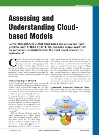 Understanding Cloud




Assessing and
Understanding Cloud-
based Models
Gartner Research tells us that cloud-based service revenue is pro-
jected to touch $148.8B by 2014. Yet, not many people-apart from
the consultants- understand what the cloud is and what are its
implications?



C
             loud is a business and technology model that       hybrid world- where you are dealing with cloud as well
             lives on the Internet. So, cloud-based models      as on-premise. It becomes difficult to make this useful, as
             basically look at ways to dis-aggregate central-   cloud by itself is just an island of information and there has
             ized data, centralized labor, centralized man-     to be a way to integrate between the on-premise world and
agement and distribute it across multiple geographies and       the cloud world and even cloud-to-cloud. The integration
it is distributed via the Internet. Thus, one of the biggest    gets a lot more difficult when you take into considera-
constraints for cloud is that it cannot go to a place that      tion cloud-on-the-premise, as now you are talking about
does not have Internet, so Internet comes first and cloud       information that is residing in different locations. You are
comes second.                                                   dealing with that issue, you are spanning firewalls, you are
                                                                not necessarily in total control of your applications and
The Sourcing Aspect of Cloud                                    downtime can come into play and you are not in control
Does the cloud model imply that the service is outsourced?      of when that application is down.
Does it imply that it is offshored? Jerry Luftman, Executive
Director, Stevens Institute of Technology said, “My argu-       Problematic ‘Integration’ Aspect of Cloud
ment is it does not matter -you can have a cloud that’s         What makes people shy away from the cloud? According
in-sourced, you can have a cloud that’s outsourced – based      to one study, obviously, security tops the list, many people
on where it is located. Although, there is a
lot ongoing discussion on whether a cloud
should be centralized, in my opinion, it is not
necessary. When considering cloud, the point
of time to look at it is the initial stages of the
life-cycle of sourcing. At the beginning of cre-
ating IT strategy or IT portfolio, it should be
clear whether you will outsource or insource
your cloud.”
    With the adoption of cloud, people are
adding software-as-a-service (SaaS) applica-
tions. They are moving to public clouds or
even private clouds. But, we cannot forget
that most of what is being run today is on-
premise, so it is packaged applications and
home-grown applications. This is creating a
Source: Neo Group


19 GlobalServices                            www.globalservicesmedia.com                                      February 2011
 
