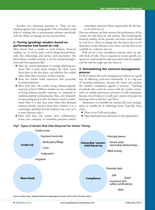 Key Imperatives in Global Sourcing




   Another very important question is– ‘How are you                                 technology solutions? More importantly, do the buy-
tracking against your savings goals?’ One tool which could                          ers let them do so?
help in tracking this is procurement software specifically                    Here too software can help measure the performance of the
with the ability to manage services procurement.                              vendor, but falls short on risk analysis, like measuring the
                                                                              financial stability of the provider and what criteria should
2. Tiering (grading) vendors based on                                         be used for it. These are things that the buyers have to do
performance and based on risk-                                                themselves as the software is not there, and the data is not
Most buyers have a model to track vendors, financial                          available in a cohesive way yet.
viability, etc. It can be used to track things beyond finan-                      Risk can be a very amorphous concept; there are spe-
cials, like relationship and service, and innovation. The                     cific kinds of risks. Data is required in certain specific cat-
latter being a variable concept, it can be tracked through a                  egories to understand the risks associated with the supplier,
scorecard with questions like-                                                and the risks he might put the client at.
      Does the vendor participate in strategic planning ses-
      sions? This is more about whether the client wants                      3. Streamlining the contract management
      them there in the first place, and whether they added                   process
      value when they were part of these sessions.                            CLM (Contract life-cycle management) software is a good
      Does the vendor make innovative and actionable                          way of offsetting cycle-time bottlenecks. It is a big part
      recommendations?                                                        of ensuring compliance, because the buyer can measure
      How well does the vendor bring industry-specific                        the vendor’s compliance against a contract. “Teaching
      expertise to bear? Offshore vendors are not considered                  everybody who comes in contact with the vendor consist-
      to bring industry-specific expertise, as compared to                    ently on vendor governance practices is really important;
      traditional global multinationals. Also, a lot of provid-               because a lot of times, it is really just a matter of people not
      ers are getting good at this, but buyers need to under-                 knowing what to ask for,” says Ricci.
      stand what is it that they want when they demand                           Sometimes, it is possible for contract life-cycle manage-
      industry-specific expertise from their vendors- is it a                 ment to actually be an inhibiting factor. Typically, that’s
      technology capability that the industry uses a lot, or is               when:
      it some business value?                                                      There is no CLM tool in place.
      How well does the vendor drive collaboration                                 Paper-based processes dominate in the organization.
      across your company to streamline processes and/or

Fig1. Types of Vendor Risk Data Required for Vendor Tiering




Source: Forthcoming, “Supplier Performance Management Trends, 2010 To 2011” Forrester report


9 GlobalServices                                       www.globalservicesmedia.com                                           February 2011
 