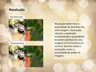 Resolução
Alta Resolução


                  Resolução determina a
                  quantidade de detalhes em
                  uma imagem. Você pode
                  calcular a resolução
                  multiplicando a quantidade
                  de pixels (pontos) de uma
Resolução Baixa   imagem na horizontal e na
                  vertical. Quanto maior a
                  resolução, maior a
                  quantidade de pixels na
                  imagem.
 