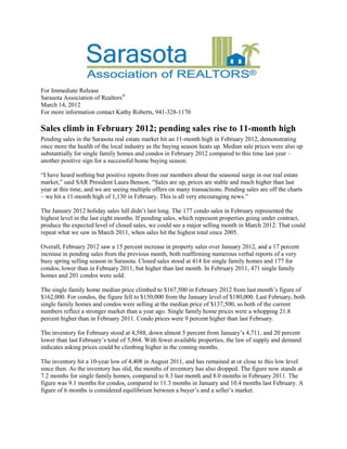 For Immediate Release
Sarasota Association of Realtors®
March 14, 2012
For more information contact Kathy Roberts, 941-328-1170

Sales climb in February 2012; pending sales rise to 11-month high
Pending sales in the Sarasota real estate market hit an 11-month high in February 2012, demonstrating
once more the health of the local industry as the buying season heats up. Median sale prices were also up
substantially for single family homes and condos in February 2012 compared to this time last year –
another positive sign for a successful home buying season.

“I have heard nothing but positive reports from our members about the seasonal surge in our real estate
market,” said SAR President Laura Benson. “Sales are up, prices are stable and much higher than last
year at this time, and we are seeing multiple offers on many transactions. Pending sales are off the charts
– we hit a 11-month high of 1,130 in February. This is all very encouraging news.”

The January 2012 holiday sales lull didn’t last long. The 177 condo sales in February represented the
highest level in the last eight months. If pending sales, which represent properties going under contract,
produce the expected level of closed sales, we could see a major selling month in March 2012. That could
repeat what we saw in March 2011, when sales hit the highest total since 2005.

Overall, February 2012 saw a 15 percent increase in property sales over January 2012, and a 17 percent
increase in pending sales from the previous month, both reaffirming numerous verbal reports of a very
busy spring selling season in Sarasota. Closed sales stood at 414 for single family homes and 177 for
condos, lower than in February 2011, but higher than last month. In February 2011, 471 single family
homes and 201 condos were sold.

The single family home median price climbed to $167,500 in February 2012 from last month’s figure of
$162,000. For condos, the figure fell to $150,000 from the January level of $180,000. Last February, both
single family homes and condos were selling at the median price of $137,500, so both of the current
numbers reflect a stronger market than a year ago. Single family home prices were a whopping 21.8
percent higher than in February 2011. Condo prices were 9 percent higher than last February.

The inventory for February stood at 4,588, down almost 5 percent from January’s 4,711, and 20 percent
lower than last February’s total of 5,864. With fewer available properties, the law of supply and demand
indicates asking prices could be climbing higher in the coming months.

The inventory hit a 10-year low of 4,408 in August 2011, and has remained at or close to this low level
since then. As the inventory has slid, the months of inventory has also dropped. The figure now stands at
7.2 months for single family homes, compared to 8.3 last month and 8.0 months in February 2011. The
figure was 9.1 months for condos, compared to 11.3 months in January and 10.4 months last February. A
figure of 6 months is considered equilibrium between a buyer’s and a seller’s market.
 