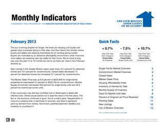 Monthly Indicators
A RESEARCH TOOL PROVIDED BY THE GREATER BOSTON ASSOCIATION OF REALTORS®




February 2013                                                                                                                   Quick Facts
The sun is shining brighter for longer, the birds are chirping a bit louder and
people have a renewed spring in their step. And then there's the climate. Home
                                                                                                                                     + 0.7%                           - 7.5%                         + 10.7%
buyers and sellers are readying themselves for an exciting spring market.                                                           Year-Over-Year                  Year-Over-Year                   Year-Over-Year
Buyers are motivated by an attractive affordability environment, while more and                                                     (YoY) Change in                 (YoY) Change in                  (YoY) Change in
more sellers are receiving near top dollar for their home. We've come a long                                                         Closed Sales                    Closed Sales                     Closed Sales
way over the past 12 to 18 months but we're not there yet. Here's how February                                                        All Properties               Single-Family Only               Condominium Only

stacked up.

New Listings in the Greater Boston region were down 22.2 percent for detached                                                  Single-Family Market Overview                                                                 2
homes and 15.5 percent for condominiums. Closed Sales decreased 7.5                                                            Condominium Market Overview                                                                   3
percent for detached homes but increased 10.7 percent for condominiums.
                                                                                                                               Closed Sales                                                                                  4
The Median Sales Price was up 8.8 percent to $429,900 for single-family                                                        Median Sales Price                                                                            5
properties but decreased 5.2 percent to $350,750 for condominiums. Months                                                      Housing Affordability Index                                                                   6
Supply of Inventory decreased 30.6 percent for single-family units and 46.9
                                                                                                                               Inventory of Homes for Sale                                                                   7
percent for townhouse-condo units.
                                                                                                                               Months Supply of Inventory                                                                    8
A few consumers may feel less confident due to Washington's latest self-                                                       Days On Market Until Sale                                                                     9
inflicted crisis. Others would advise not to read the news in the first place. The
fact is, the economy continues to grow, but at a snail's pace. Sequestration is
                                                                                                                               Percent of Original List Price Received                                                      10
more of a nuisance than a real threat to recovery; and there's significant                                                     Pending Sales                                                                                11
pent–up demand from renters, first-timers, parental basement dwellers and                                                      New Listings                                                                                 12
investors to counteract it.
                                                                                                                               City of Boston Overview                                                                      13
                                                                                                                               Click on desired metric to jump to that page.



                                                   Data is refreshed regularly to capture changes in market activity so figures shown may be different than previously reported. Current as of March 16, 2013. All data from MLS Property
                                                      Information Network, Inc. Provided by Greater Boston Association of REALTORS® and the Massachusetts Association of REALTORS®. Powered by 10K Research and Marketing.
 