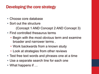 Developing the core strategy
• Choose core database
• Sort out the structure
(Concept 1 AND Concept 2 AND Concept 3)
• Fin...
