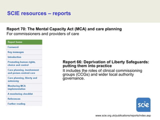 SCIE resources – reports
www.scie.org.uk/publications/reports/index.asp
Report 66: Deprivation of Liberty Safeguards:
putt...