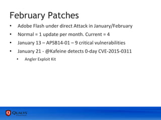 February Patches
• Adobe Flash under direct Attack in January/February
• Normal = 1 update per month. Current = 4
• January 13 – APSB14-01 – 9 critical vulnerabilities
• January 21 - @Kafeine detects 0-day CVE-2015-0311
• Angler Exploit Kit
 