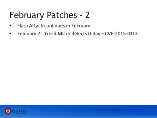 February Patches - 2
• Flash Attack continues in February
• February 2 - Trend Micro detects 0-day – CVE-2015-0313
 