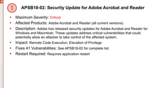 APSB18-02: Security Update for Adobe Acrobat and Reader
 Maximum Severity: Critical
 Affected Products: Adobe Acrobat and Reader (all current versions)
 Description: Adobe has released security updates for Adobe Acrobat and Reader for
Windows and Macintosh. These updates address critical vulnerabilities that could
potentially allow an attacker to take control of the affected system.
 Impact: Remote Code Execution, Elevation of Privilege
 Fixes 41 Vulnerabilities: See APSB18-02 for complete list.
 Restart Required: Requires application restart
 