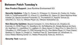 Between Patch Tuesday’s
New Product Support: Java Runtime Environment 9.0
Security Updates: 7-Zip (1), iTunes (1), CCleaner (1), Chrome (2), Firefox (3), Firefox
ESR (1), FoxitPhantomPDF (1), iCloud (1), LibreOffice (2), Opera (3), Slack Machine-Wide
Installer (2), Splunk Universal Forwarder (1), Thunderbird (1), Apache Tomcat (3),
UltraVNC (1), VLC (1), VMware Player (3), VMware Workstation (3)
Non-Security Updates: Beyond Compare (1), Citrix Reciever (2), Dropbox (2),
Evernote (1), GOM Player (1), GoodSync (4), GoToMeeting (2), Google Backup and Sync
(2), KeePass (1), LibreOffice (1), LogMeIn (1), Mozy Home (1), Mozy Pro (1), Nitro Pro (1),
VirtualBox (1), PDFCreator (1), PDF-Xchange Pro (3), Plex Media Player (1), Prezi Classic
Desktop (1), Skype (1), Snagit (1), TreeSize Free (2), TeamViewer (2), Wireshark (1),
Cisco Webex Meeting Center (1), Webex Productivity Tools (3), Xmind (1)
Security Tool: Ivanti (2)
 