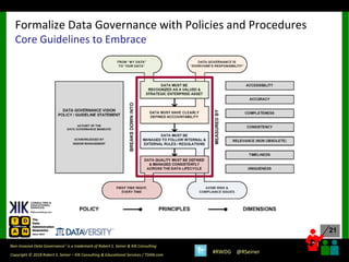 21
21
Copyright © 2018 Robert S. Seiner – KIK Consulting & Educational Services / TDAN.com
Non-Invasive Data Governance™ is a trademark of Robert S. Seiner & KIK Consulting
#RWDG @RSeiner
Formalize Data Governance with Policies and Procedures
Core Guidelines to Embrace
 