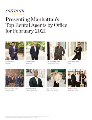 Presenting Manhattan’s
Top Rental Agents by Office
for February 2021
Real estate agents affiliated with The Corcoran Group are independent contractors and are not employees of The Corcoran Group.
The Corcoran Group is a licensed real estate broker located at 660 Madison Ave, NY, NY 10065.
Daniel Cohen
East Side
Sid Gandotra
Chelsea
Randy Baruh Team
Soho
Alexandra Carter
West Side Gallery
The Johnny Lal Team
Park Avenue South
The Bass Team
West Side Sales
The DelleCave Team
Union Square
Hentz Mendard
Upper West Side
 