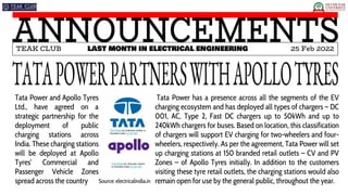 TEAK CLUB LAST MONTH IN ELECTRICAL ENGINEERING 25 Feb 2022
Tata Power and Apollo Tyres
Ltd., have agreed on a
strategic pa...