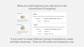 Proprietary + Confidential
When you add targeting, you will serve to the
intersection of targeting
If you want to target different groups of audiences, make
multiple ad groups. They are all under one frequency cap.
 