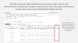 Proprietary + Confidential
You should use ‘view
through conversion’ as
well as ‘conversions’ in
order to properly credit
the impact of brand
campaigns.
Finally, you can add traditional ad metrics like clicks and
conversions to measure online conversion; view through conversion
is the most accurate attributable direct metric
Campaign 1
Campaign 2
Campaign 3
Campaign 4
Campaign 5
 